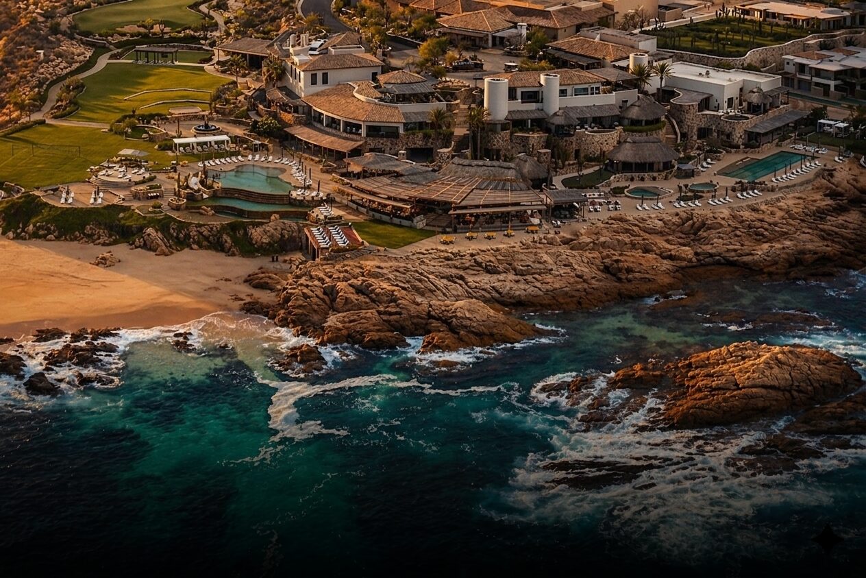 The Club at Maravilla at sunset, seen from the air over the point, pools and palapas above the surf