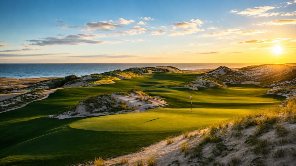 Oleada Los Cabos golf course at sunset on the Pacific coast near Cabo San Lucas