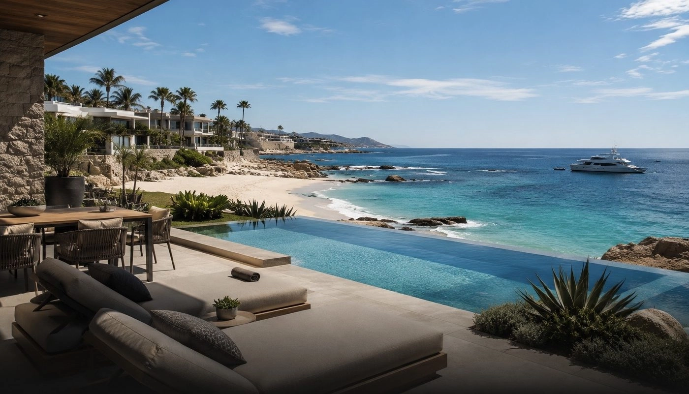 Luxury beachfront villa in Los Cabos — infinity pool terrace overlooking the Sea of Cortez