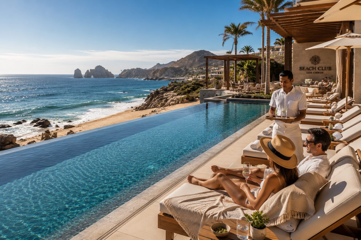 Couple relaxing poolside at a Los Cabos beach club with El Arco in the background