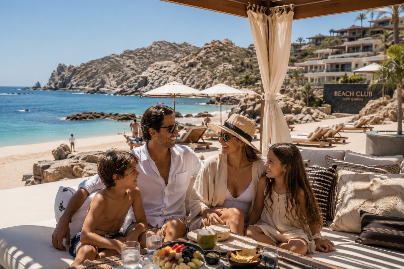 Family enjoying a private beach club lounge in Los Cabos, reflecting the branded community lifestyle