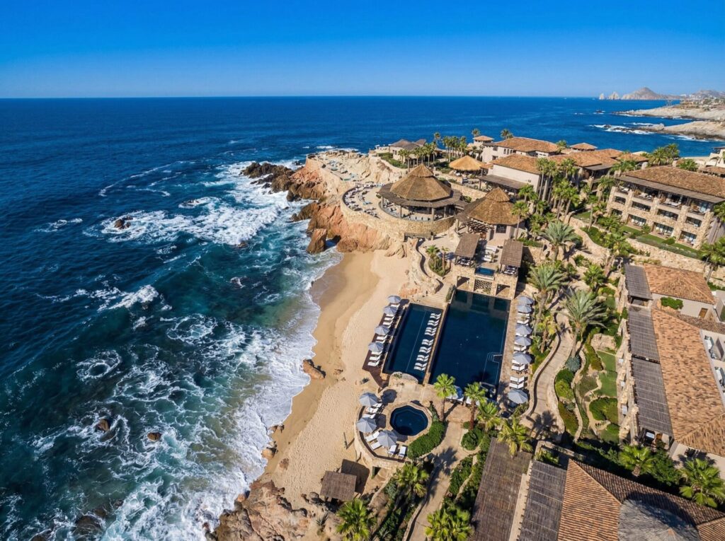 Aerial view of Esperanza Auberge Resorts Collection cliffside cove in Punta Ballena, Cabo San Lucas