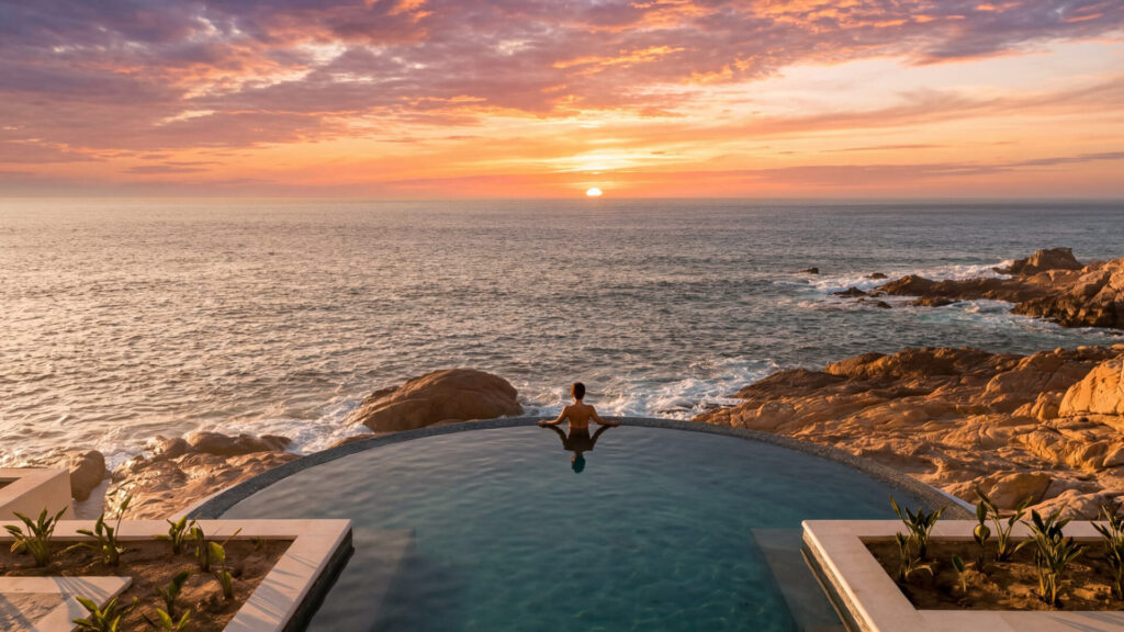 Panoramic sunset view over the Los Cabos coastline, symbolizing luxury real estate in Los Cabos and its branded communities