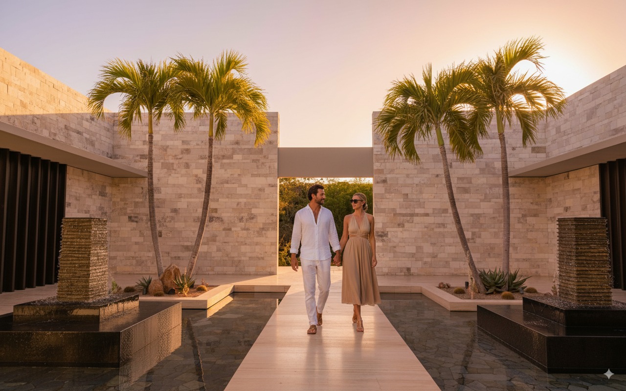 Couple walking through Montage Los Cabos resort grounds on Santa Maria Bay