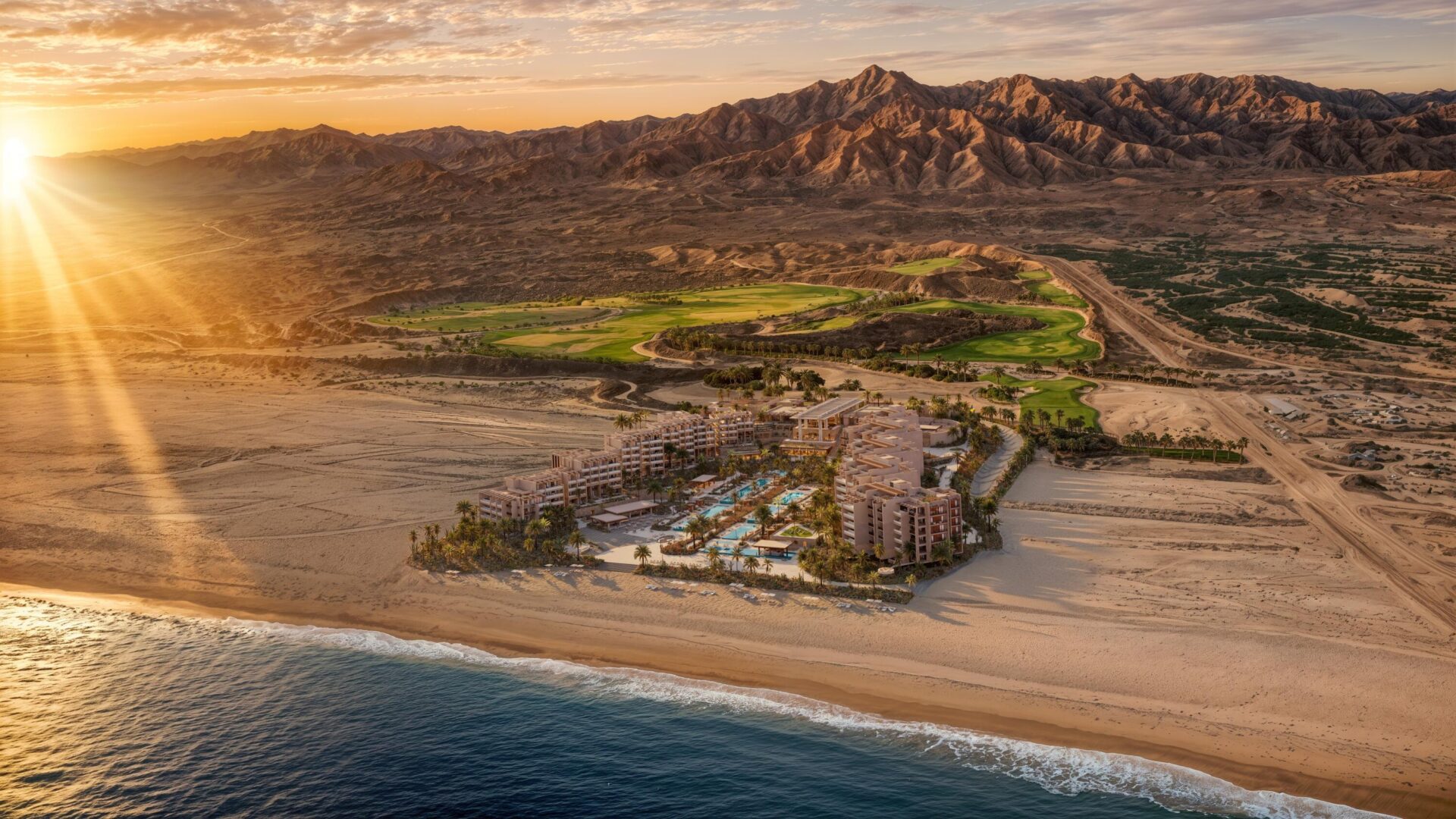 Aerial rendering of Conrad Residences at Oleada, a new branded golf and beachfront community in Los Cabos