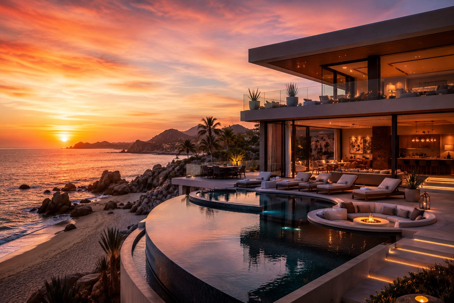 Sunset view of an oceanfront luxury villa with infinity pool in Los Cabos