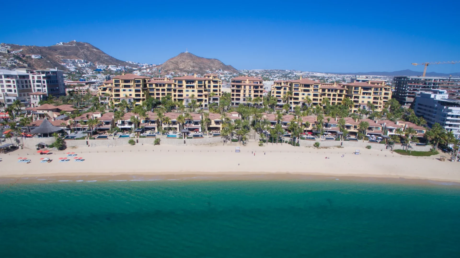 Aerial view of Hacienda Beach Club & Residences on Medano Beach, Cabo San Lucas