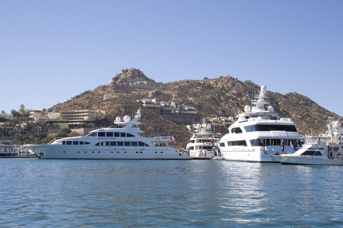 Yachts moored in the Cabo San Lucas marina, steps from Hacienda