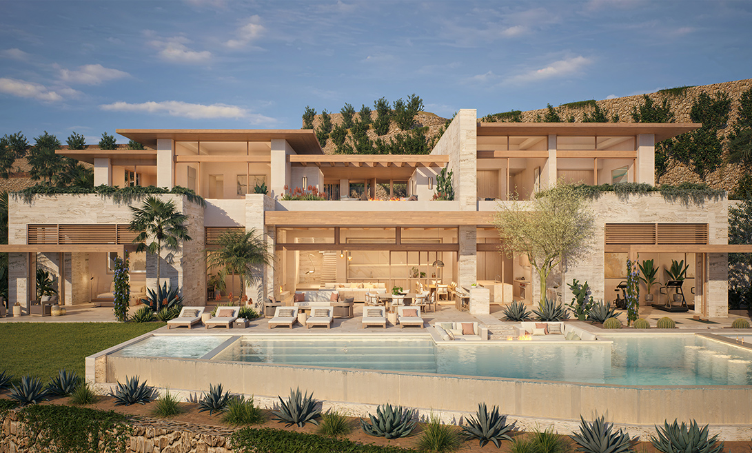 Rendering of an El Cielo residence at Maravilla, stone and timber above an infinity pool on the cliff