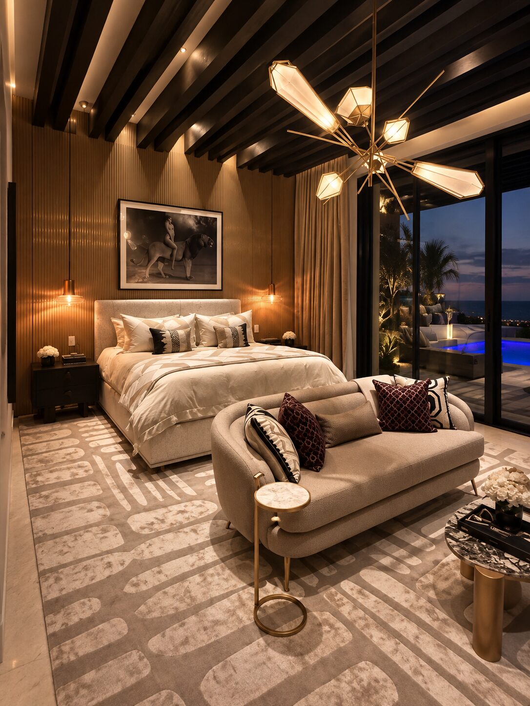 Bedroom of a Maravilla residence at night, brass chandelier, beamed ceiling and the pool beyond the glass