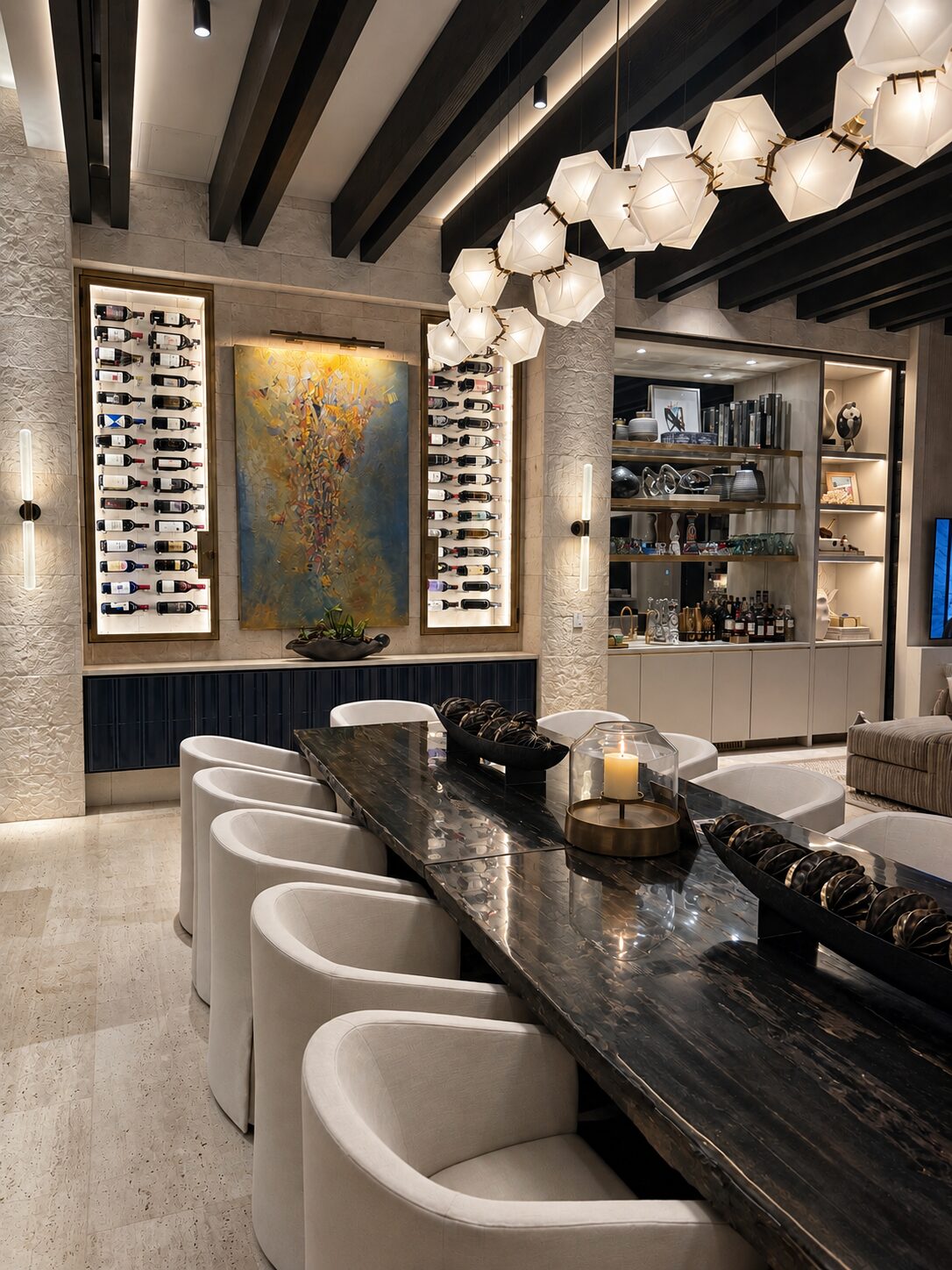 Dining room of a Maravilla home with a live-edge table, wine wall and cluster of glass pendants