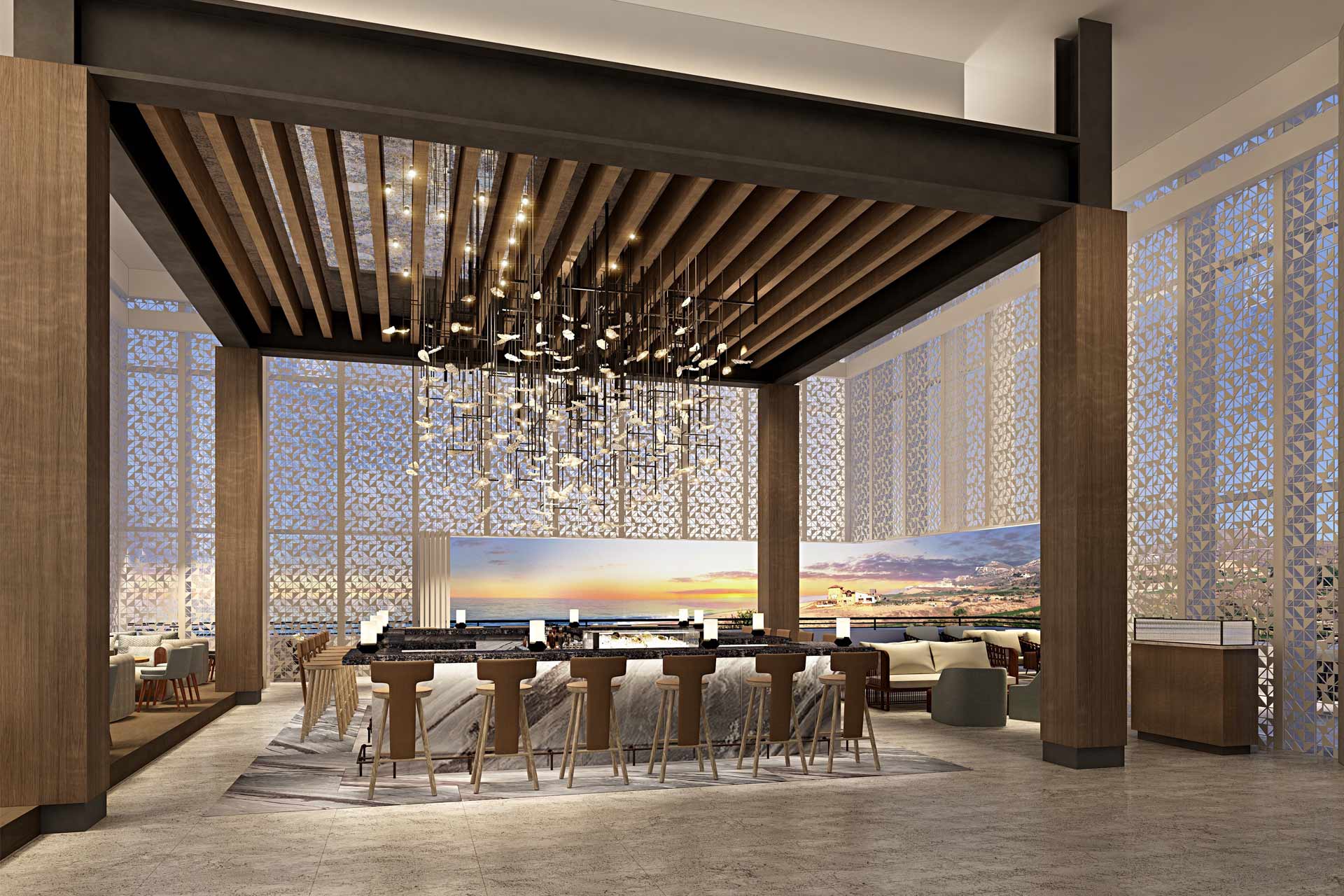 Rendering of the St. Regis lobby bar with its chandelier of glass birds and the ocean beyond