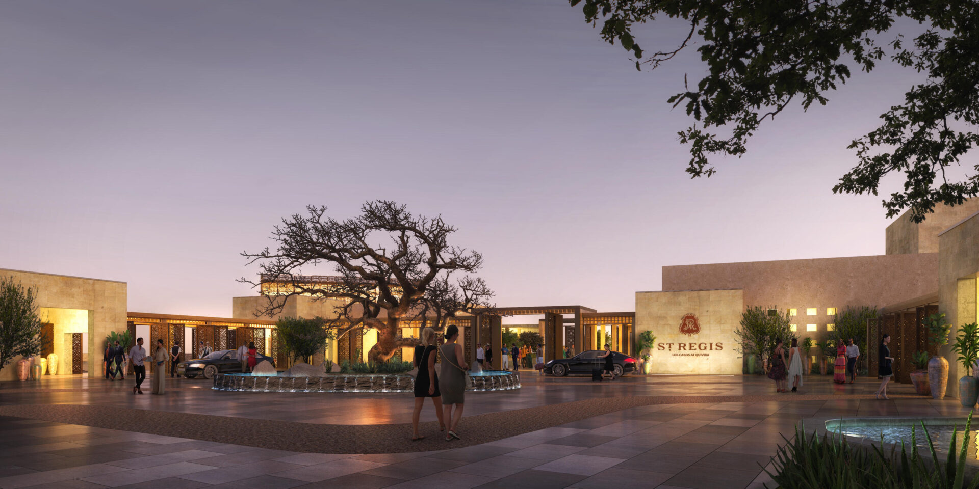 Rendering of the arrival court of the St. Regis Los Cabos at dusk, fountain and old tree