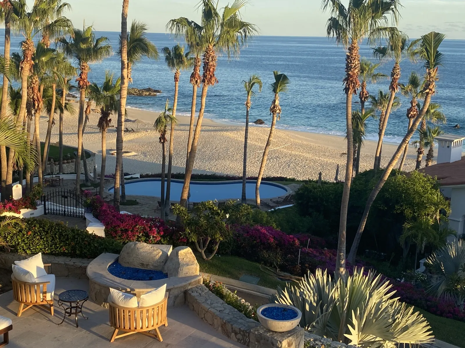Terrace of a Villas del Mar home in Palmilla looking down to the pool and the swimmable beach